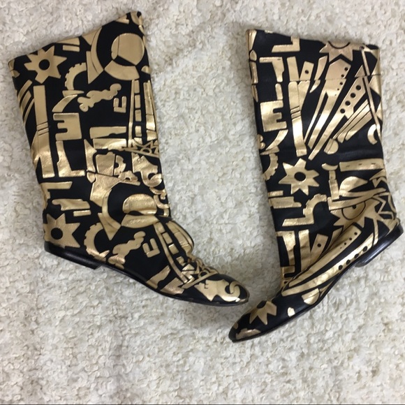 no brand Shoes - Leather black and gold slouch boots 6.5M